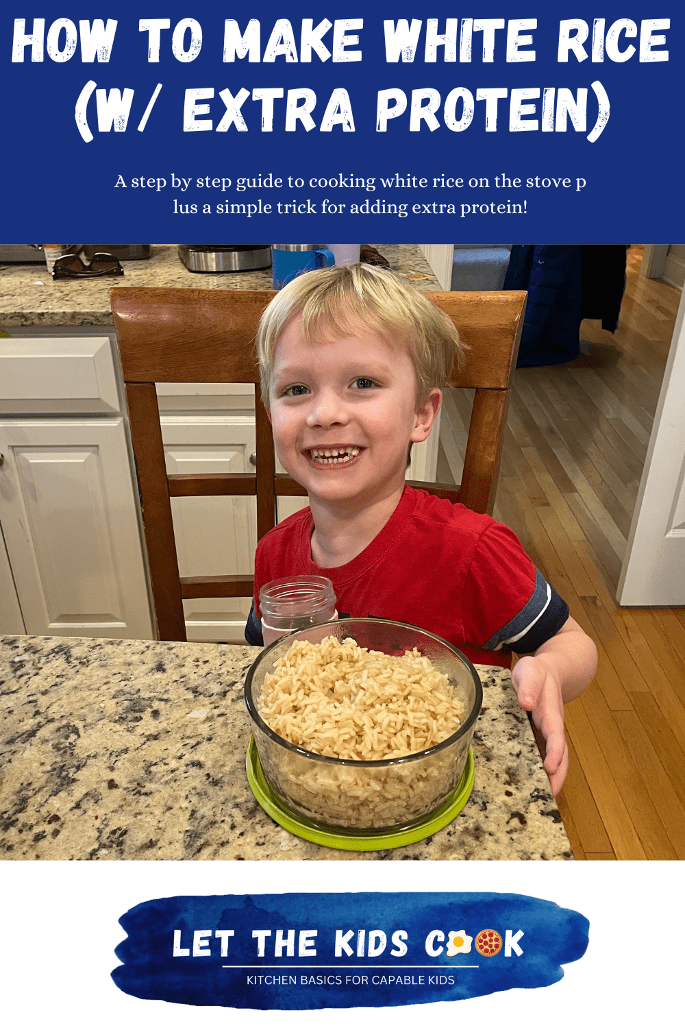 Learn how to make white rice on the stove with extra protein! This easy tip will help you add protein to your favorite side dish - perfect for kids and for adults looking to increase their protein intake.